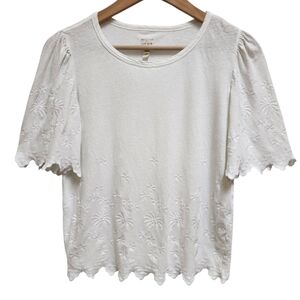 La Vie Rebecca Taylor Top Womens Sz S White Floral Embroidered Scallop Short Slv